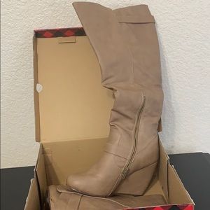 Nude Wedge Knee High Boots